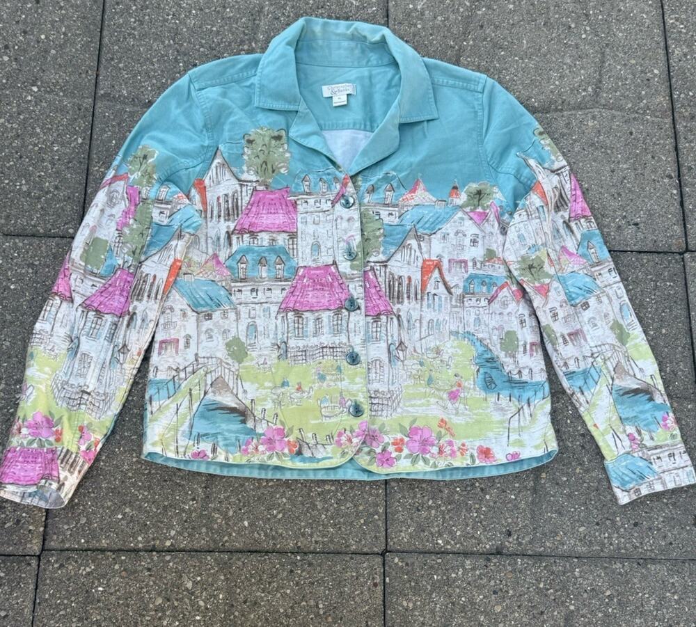 Vintage Christopher & Banks Women’s Jacket Novelty Print Scenic Art Floral XL